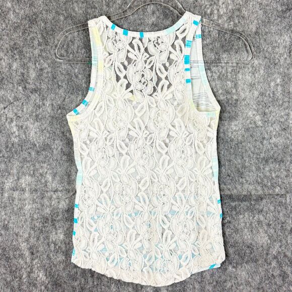 Vtg Express Y2K Burnout Tank Top Lace Back Yellow Teal Blue Stripes Womens XS - Picture 3 of 10